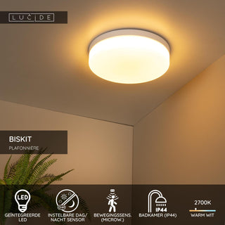 BISKIT - Plafonnière Badkamer - Ø 34,5 cm - LED - 1x24W 2700K - IP44 - Bewegingssensor - Wit