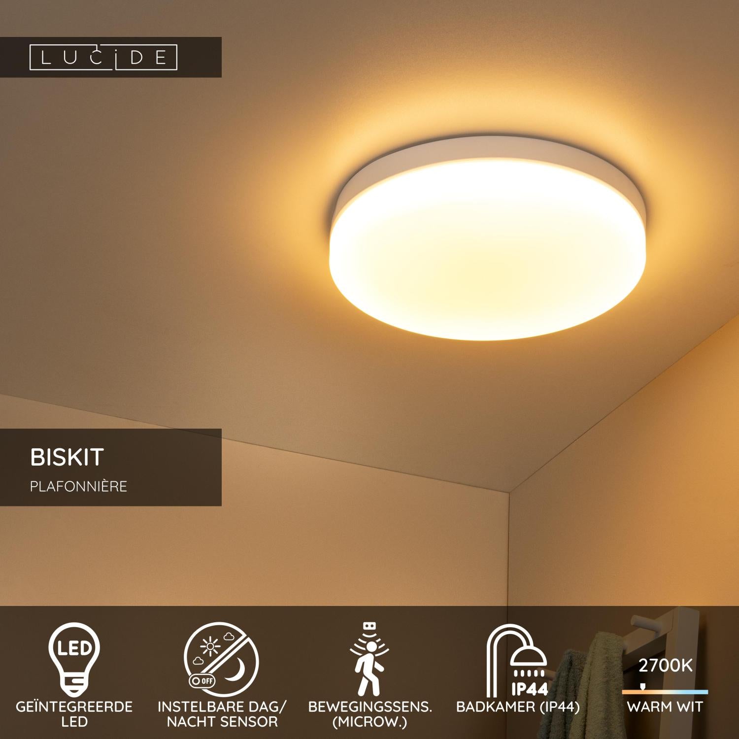 BISKIT - Plafonnière Badkamer - Ø 40 cm - LED - 1x36W 2700K - IP44 - Bewegingssensor - Wit