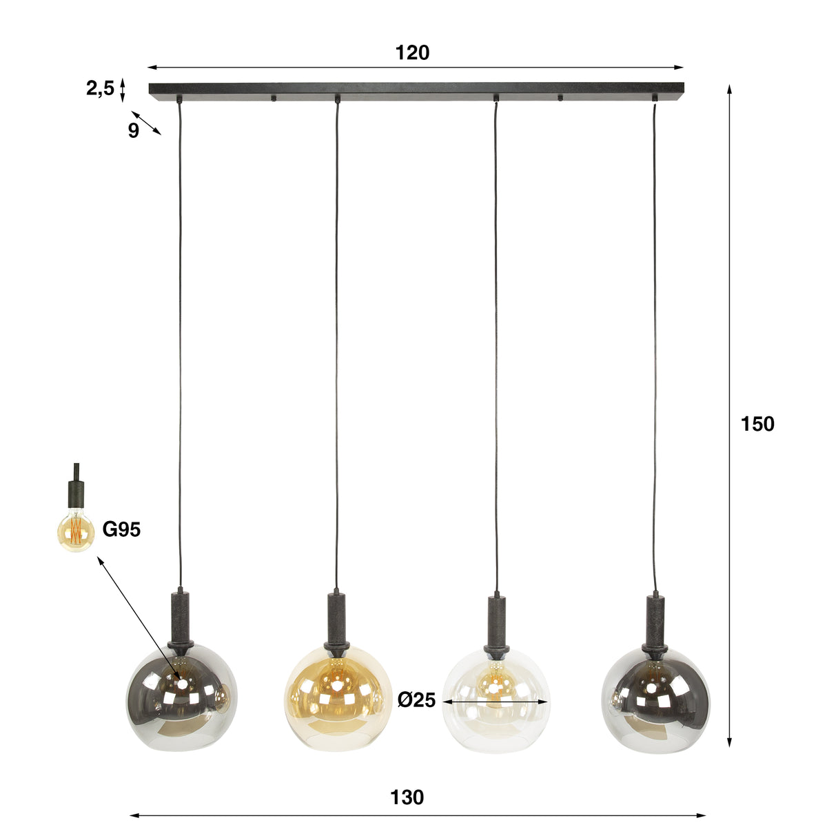 Pendant lamp Sfera Tricolore artic black - 4-light, 130 cm wide