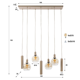 Suspension Sfera Tricolore beige - 4+3 lumières, largeur 100 cm