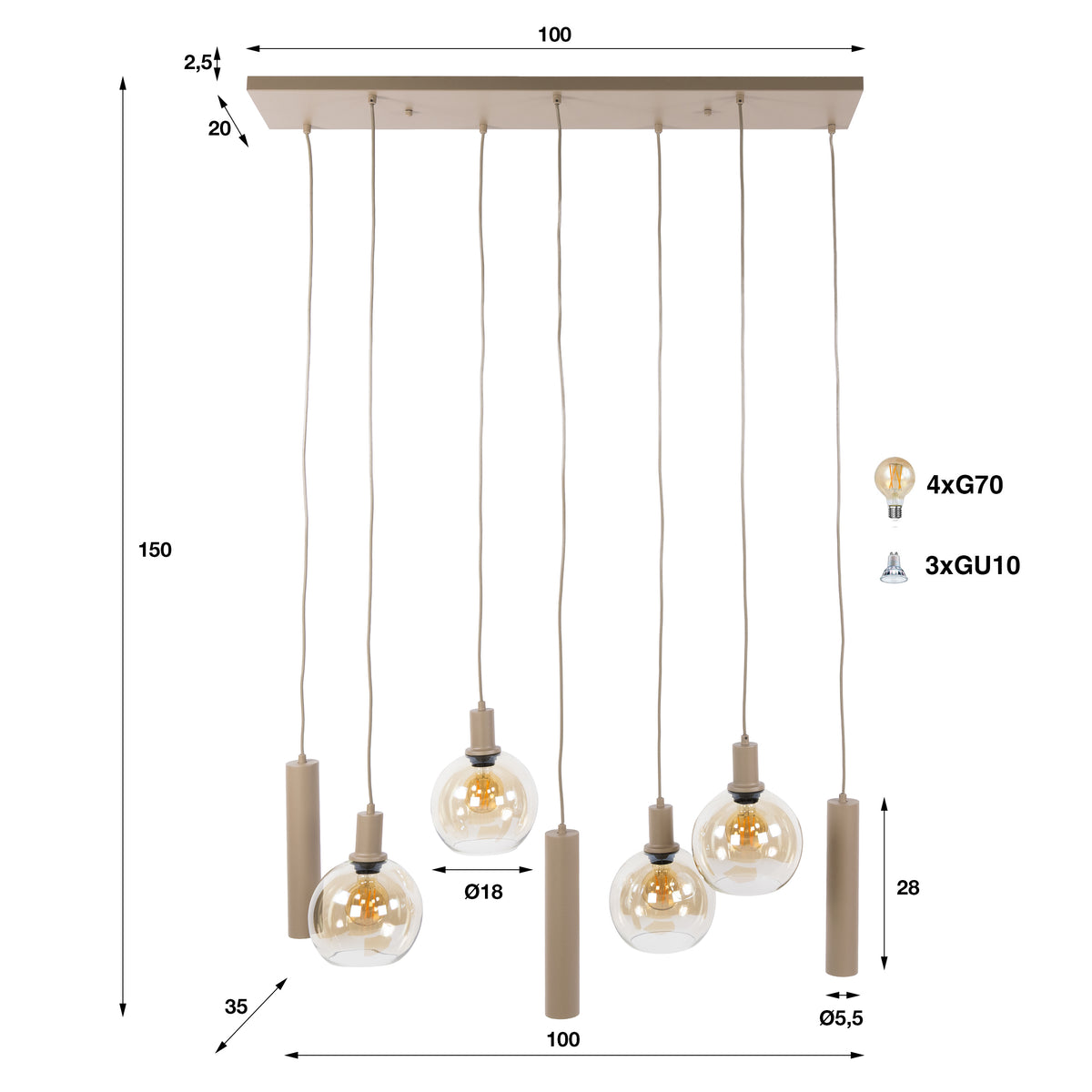 Suspension Sfera Tricolore beige - 4+3 lumières, largeur 100 cm