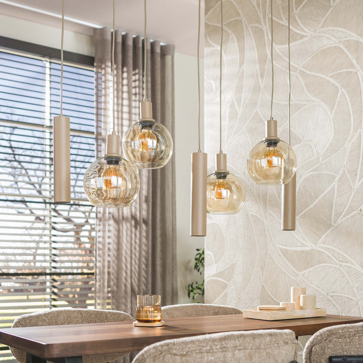 Pendant lamp Sfera Tricolore beige - 4+3-light, 100 cm wide