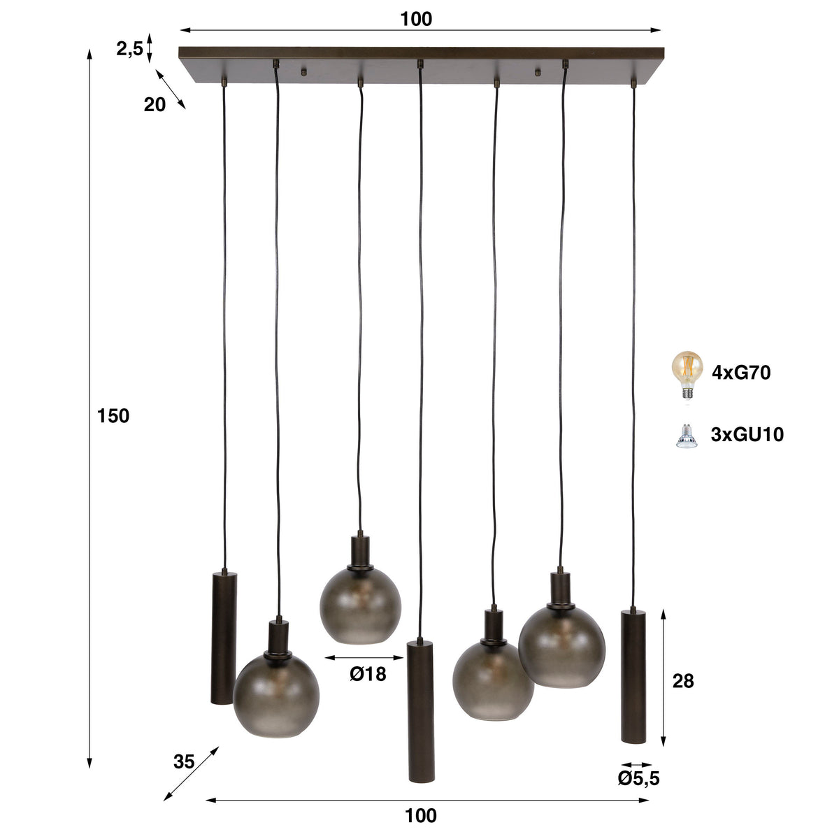 Suspension Sfera Tricolore brun sienna givré - 4+3 lumières, largeur 100 cm
