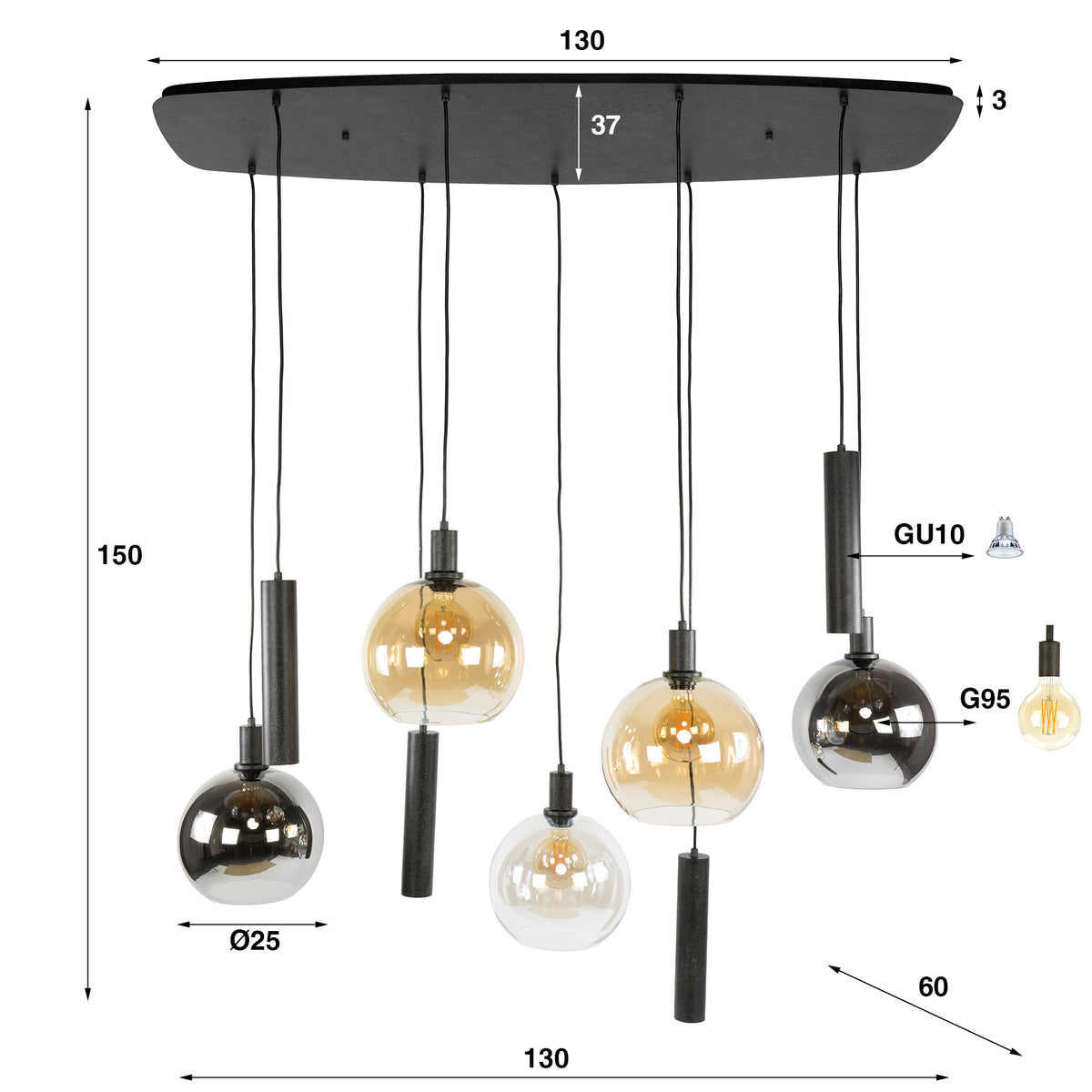 Suspension Sfera Tricolore noir artic - 5+4 lumières, largeur 130 cm