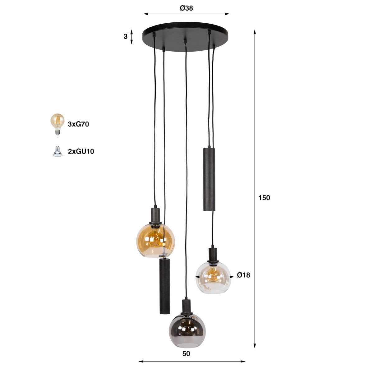 Hanglamp Sfera Tricolore getrapt artic zwart - 5-lichts, diameter 50 cm