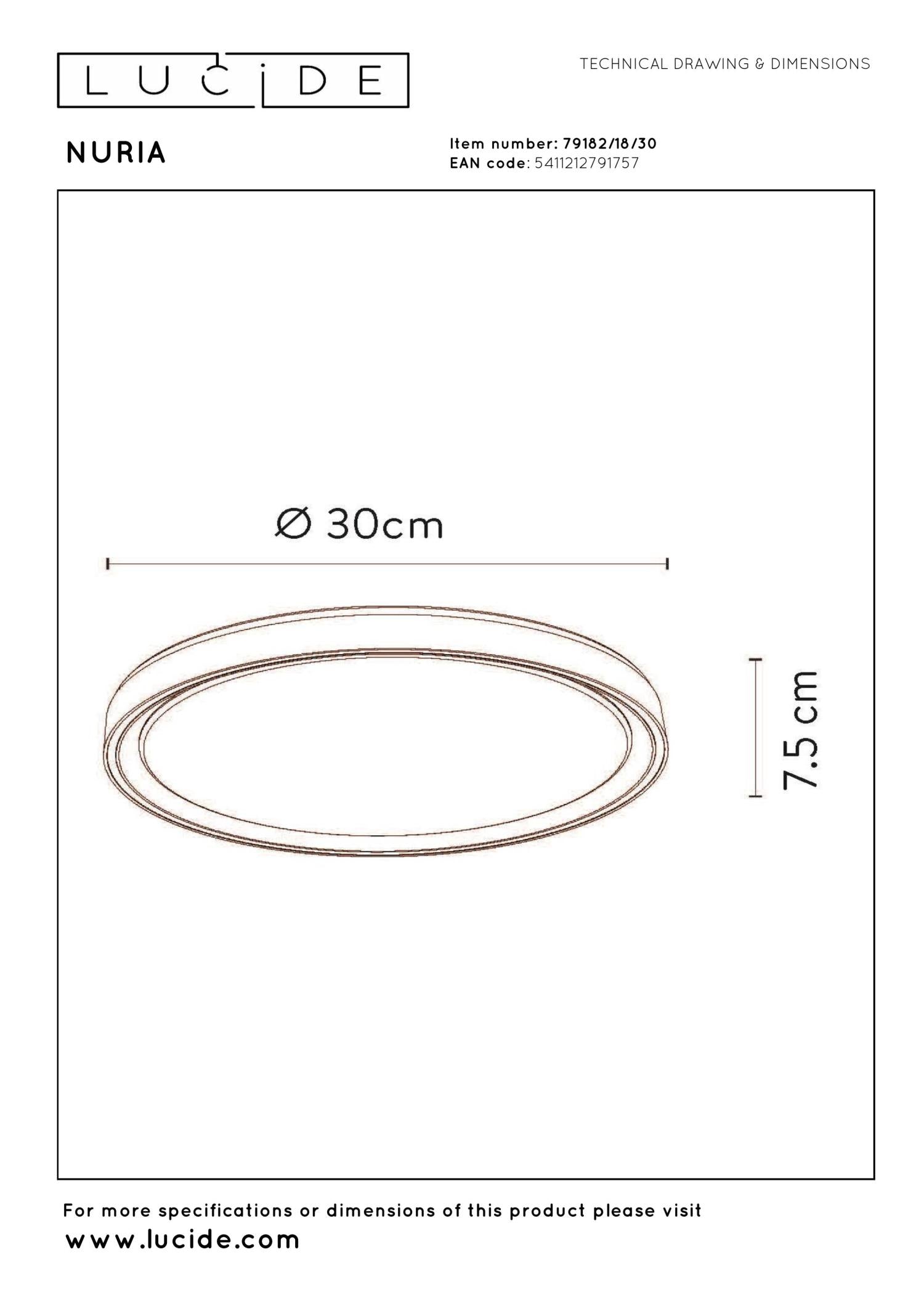 NURIA - Plafonnière - Ø 30 cm - LED 3 StepDim - 1x18W 2700K - Zwart