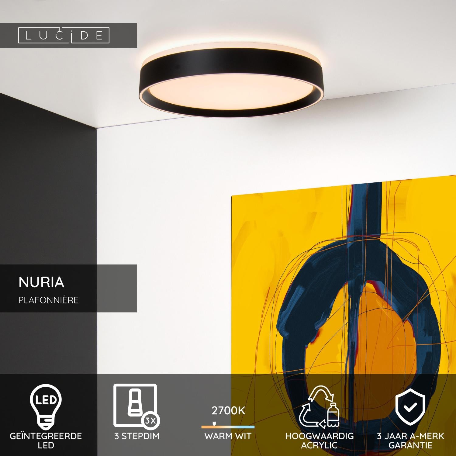NURIA - Plafonnière - Ø 30 cm - LED 3 StepDim - 1x18W 2700K - Zwart