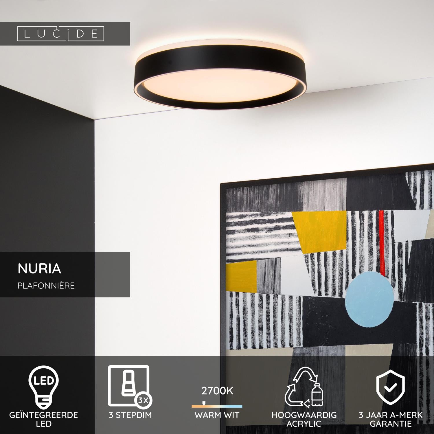 NURIA - Plafonnière - Ø 40 cm - LED 3 StepDim - 1x24W 2700K - Zwart