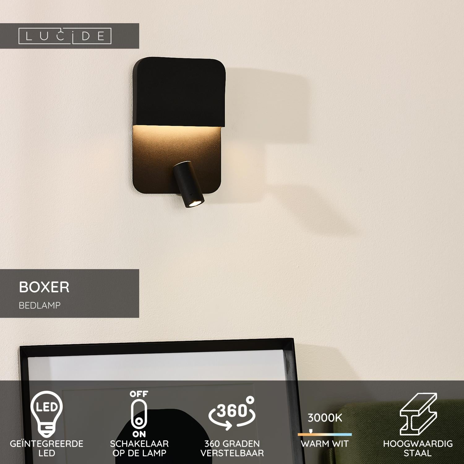 BOXER - Bedlamp / Wandlamp - LED - 3000K - Met USB oplaadpunt - Zwart