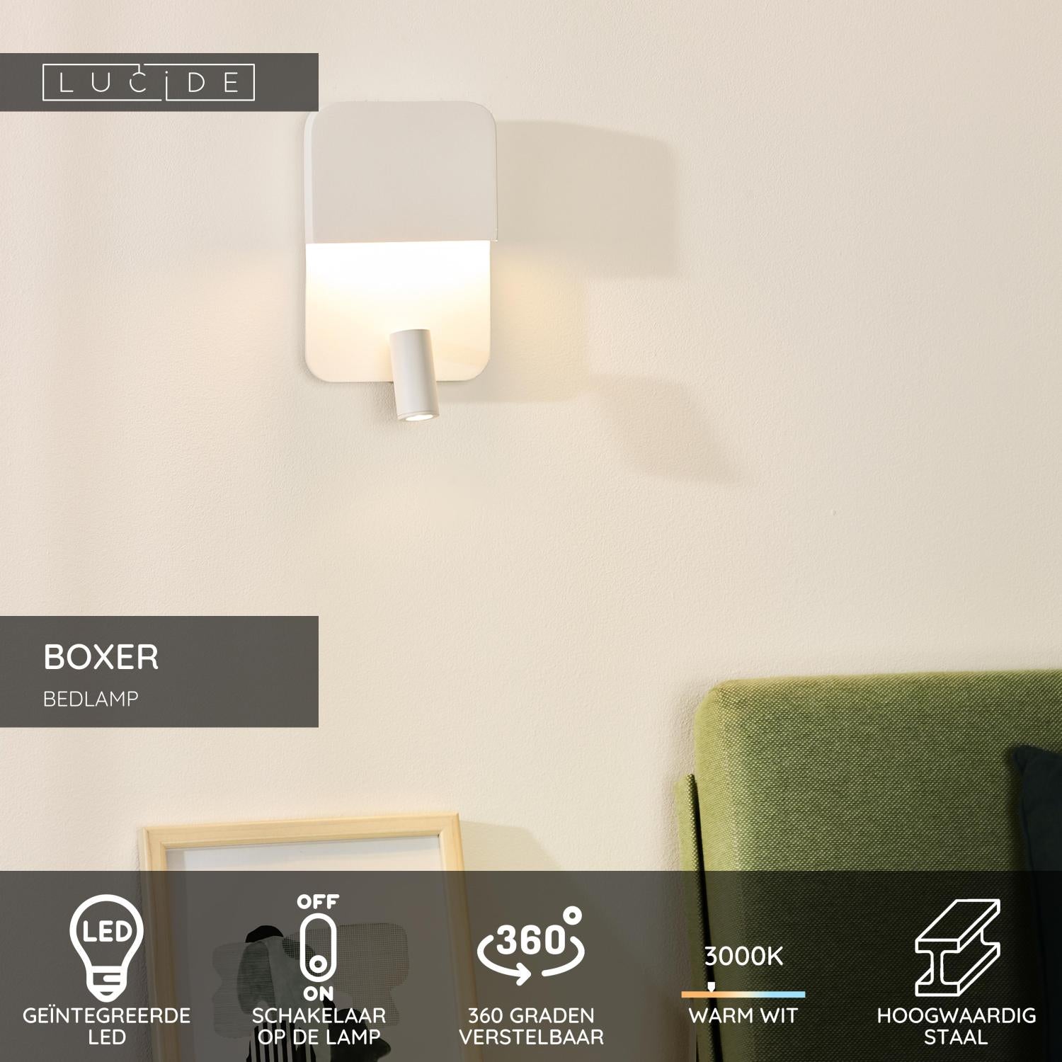 BOXER - Lampe de chevet / Applique murale - LED - 3000K - Avec port de charge USB - Blanc