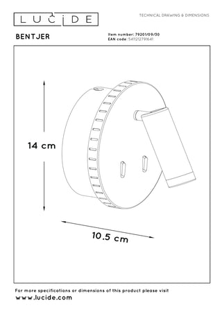 BENTJER - Bedlamp / Wandlamp - Ø 14 cm - LED - 3000K - Zwart