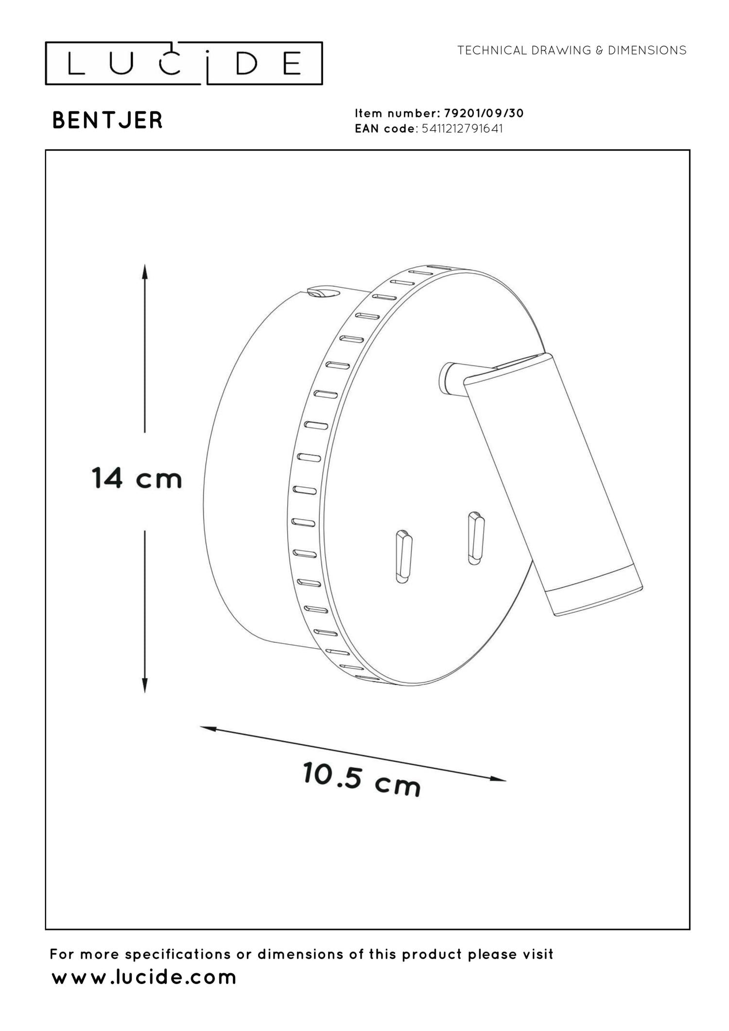 BENTJER - Bedlamp / Wandlamp - Ø 14 cm - LED - 3000K - Zwart