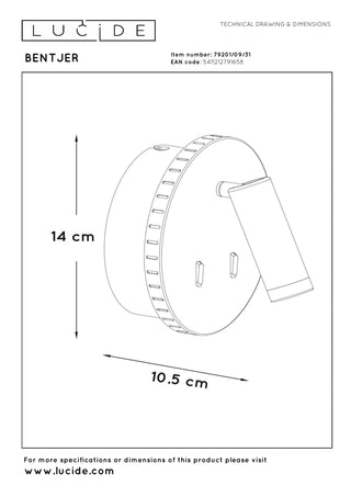 BENTJER - Bedlamp / Wandlamp - Ø 14 cm - LED - 3000K - Wit