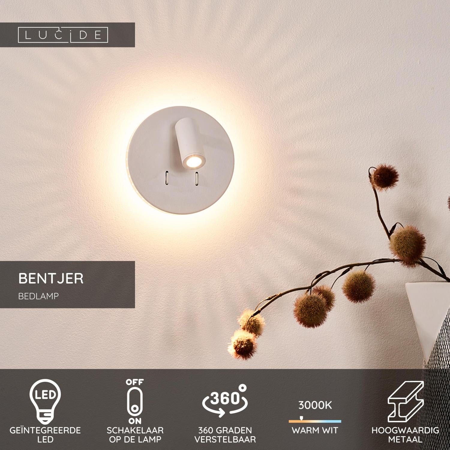BENTJER - Bedlamp / Wandlamp - Ø 14 cm - LED - 3000K - Wit