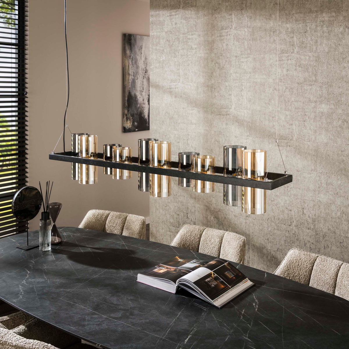 Pendant lamp Cylinder Glass artic black - 10-light, 130 cm wide