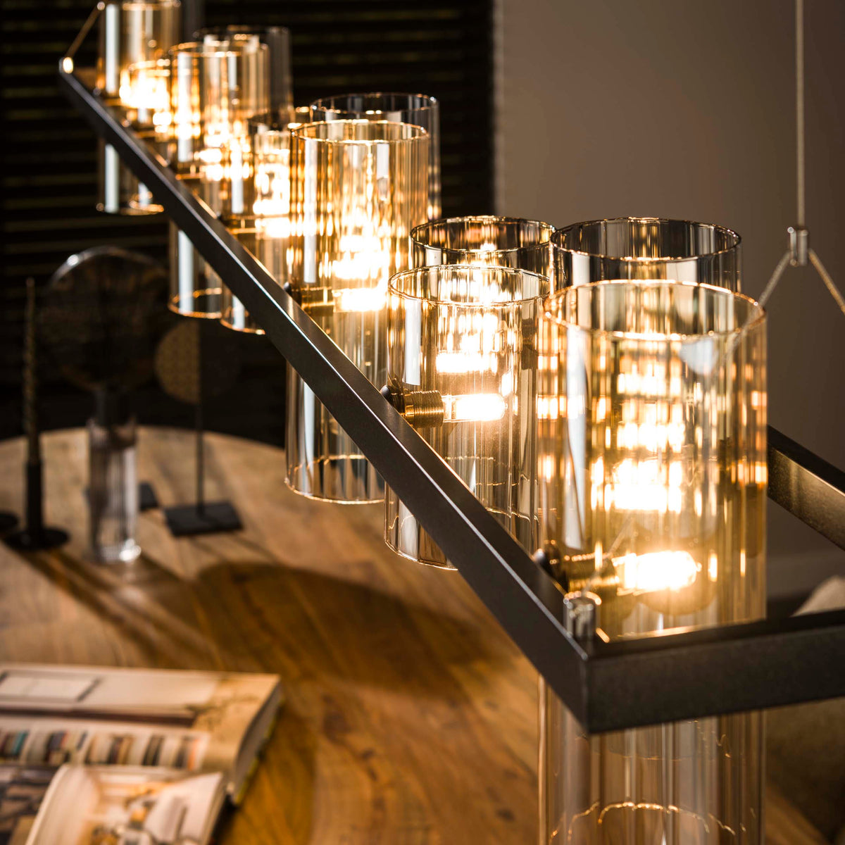 Hanglamp Cylinder Glass artic zwart - 14-lichts, 190 cm breed