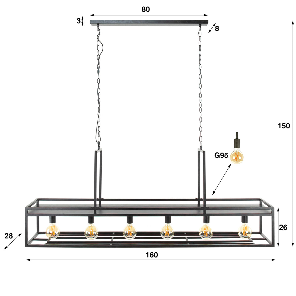 Hanglamp Decorate antraciet - 6-lichts, 160 cm breed