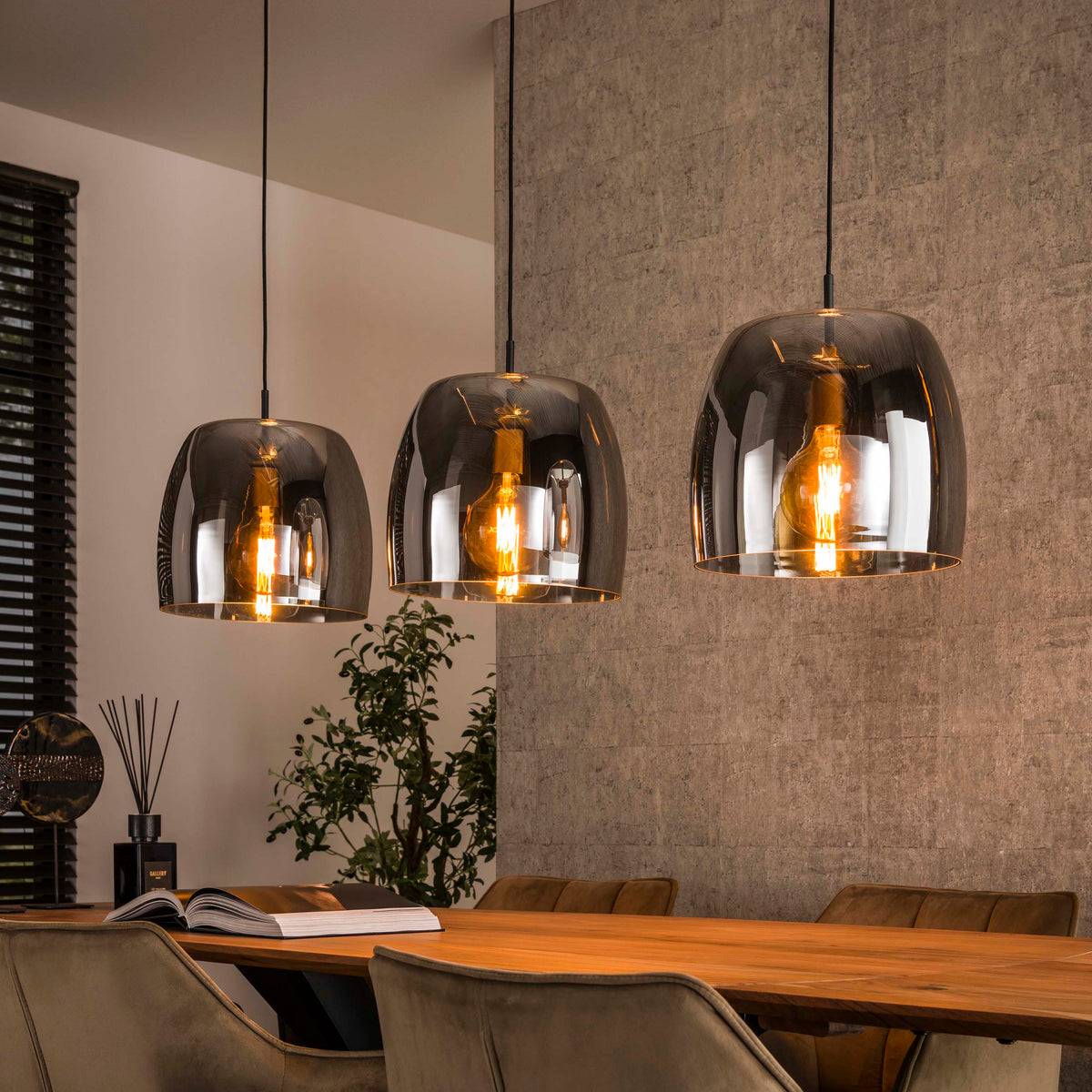 Pendant lamp Drift Glass smoke grey glass - 3-light, 145 cm wide
