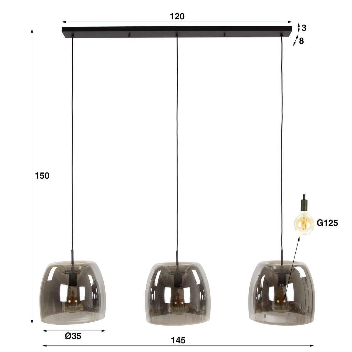 Pendant lamp Drift Glass smoke grey glass - 3-light, 145 cm wide