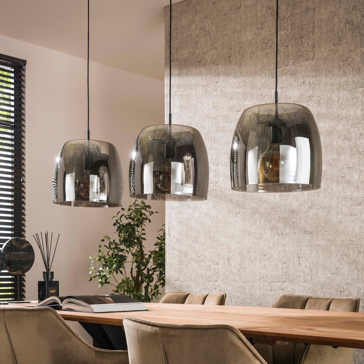 Pendant lamp Drift Glass smoke grey glass - 3-light, 145 cm wide