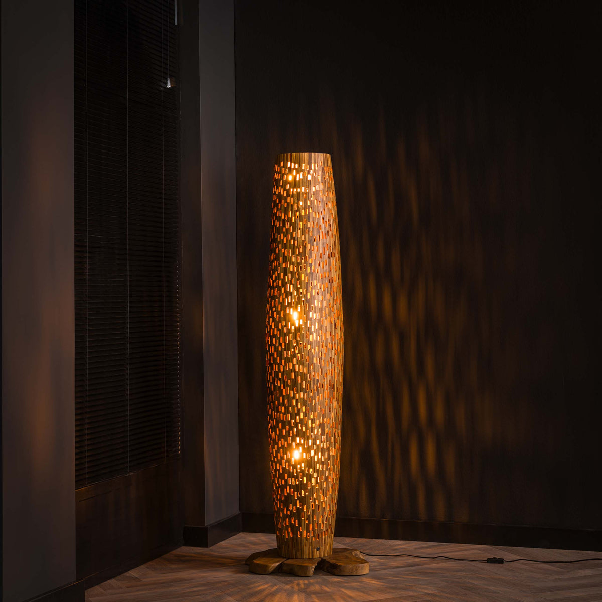 Floor lamp Bars M solid teak wood - 3-light, 145 cm high