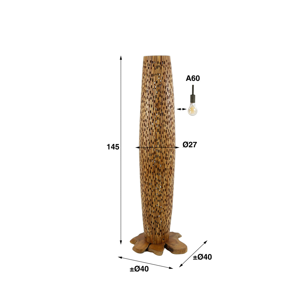 Vloerlamp Bars M massief teakhout - 3-lichts, 145 cm hoog