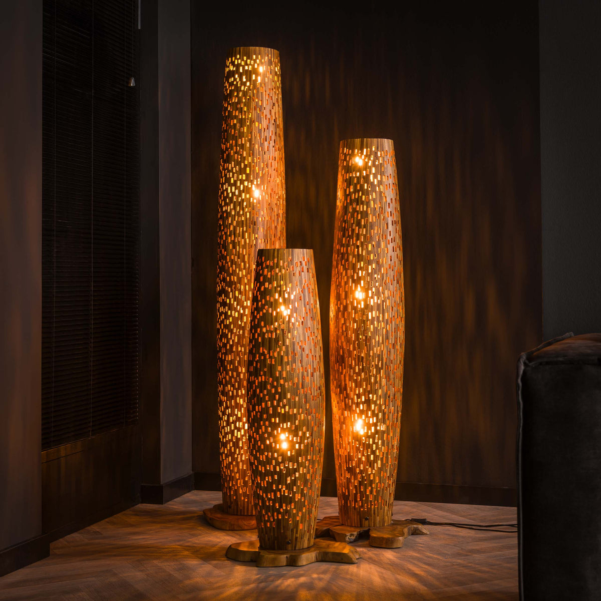 Floor lamp Bars M solid teak wood - 3-light, 145 cm high