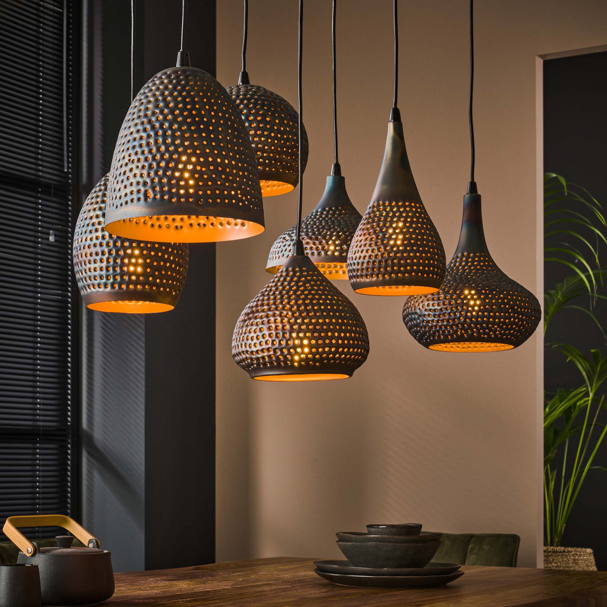 Pendant lamp Punch black brown - 4+3-light, 100 cm wide