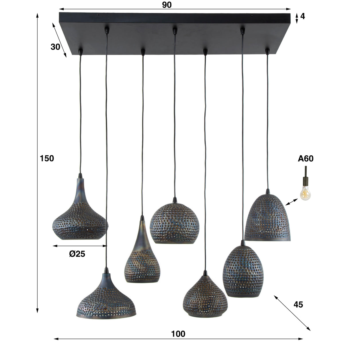 Pendant lamp Punch black brown - 4+3-light, 100 cm wide