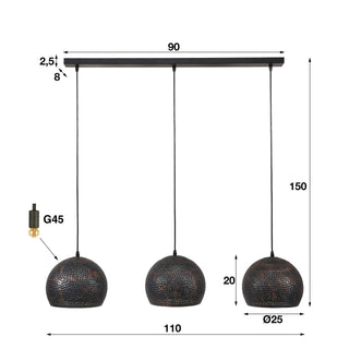 Hanglamp Punch Orb zwart bruin - 3-lichts, 110 cm breed