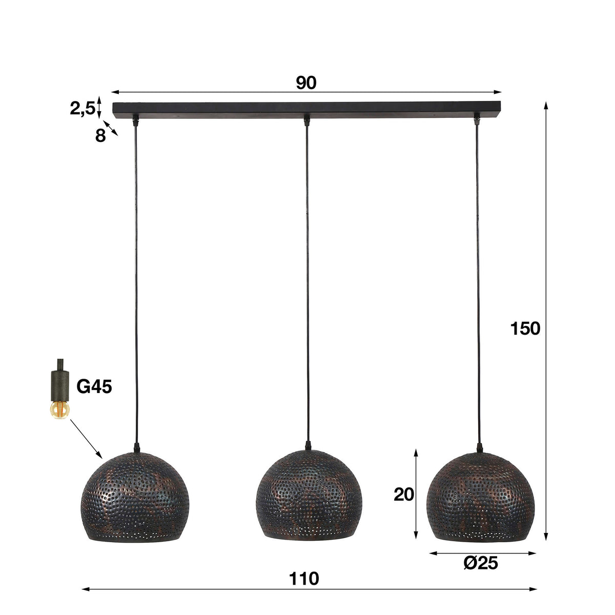 Hanglamp Punch Orb zwart bruin - 3-lichts, 110 cm breed
