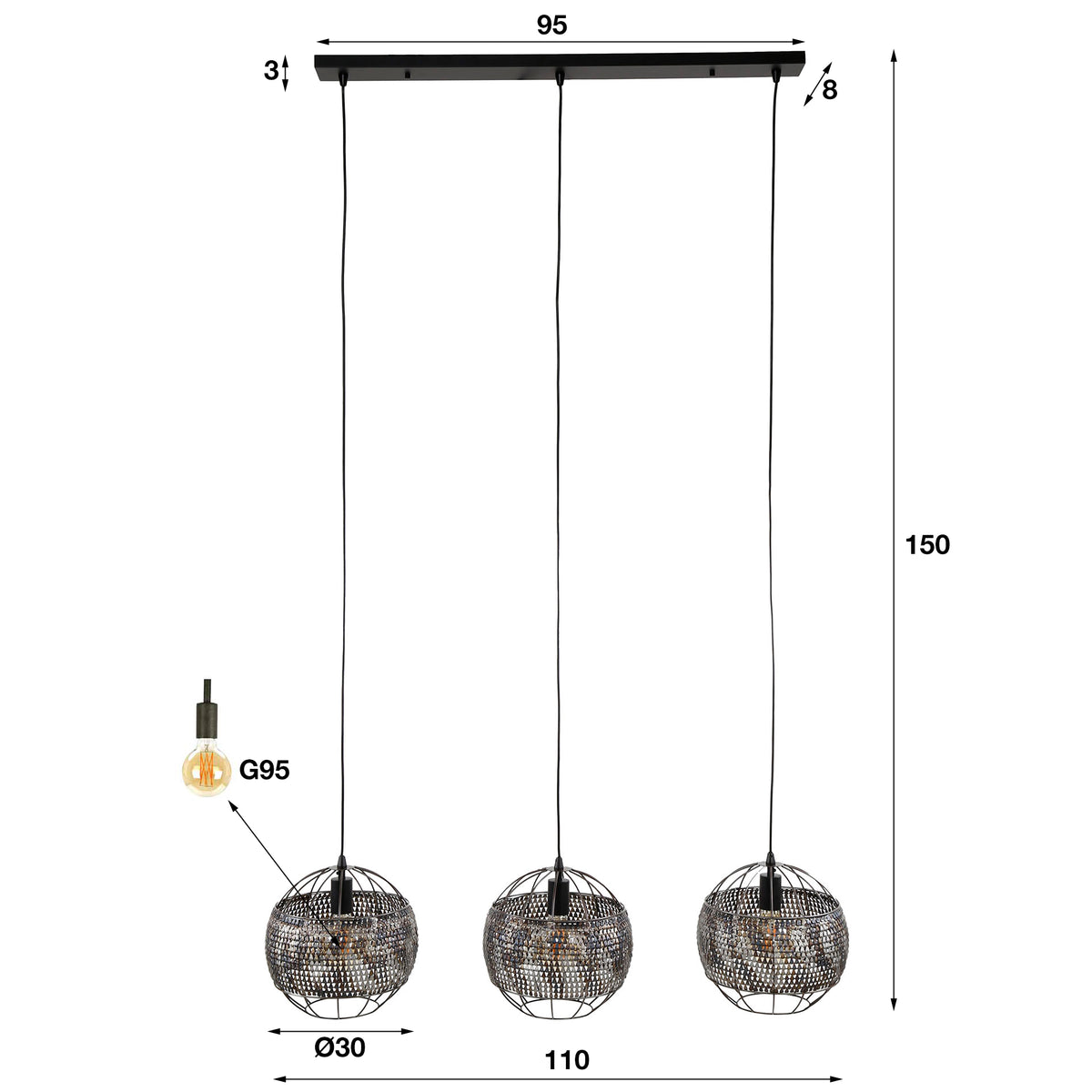 Pendant lamp Armor Open black brown - 3-light, 110 cm wide