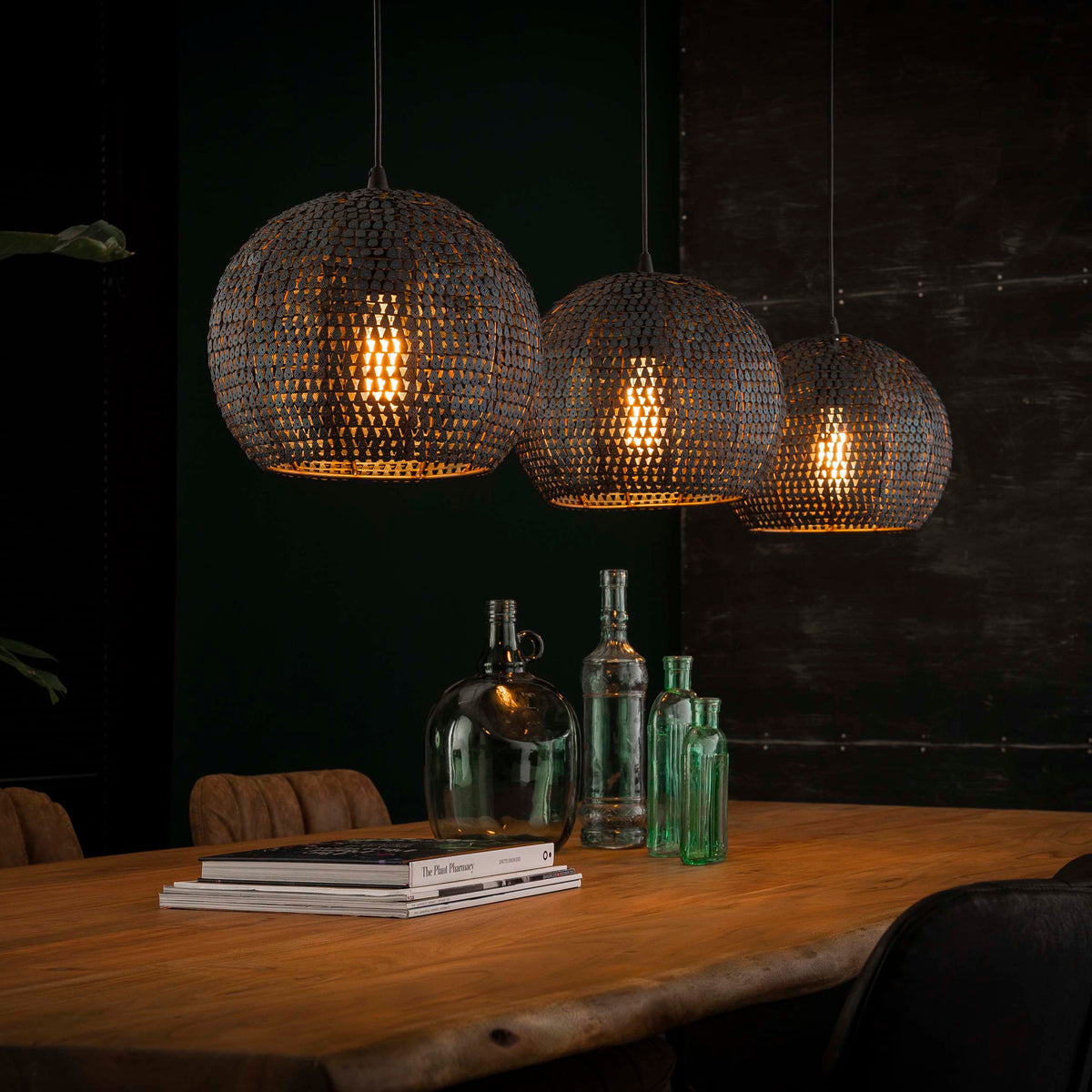 Hanglamp Armor Orb zwart bruin - 3-lichts, 128 cm breed