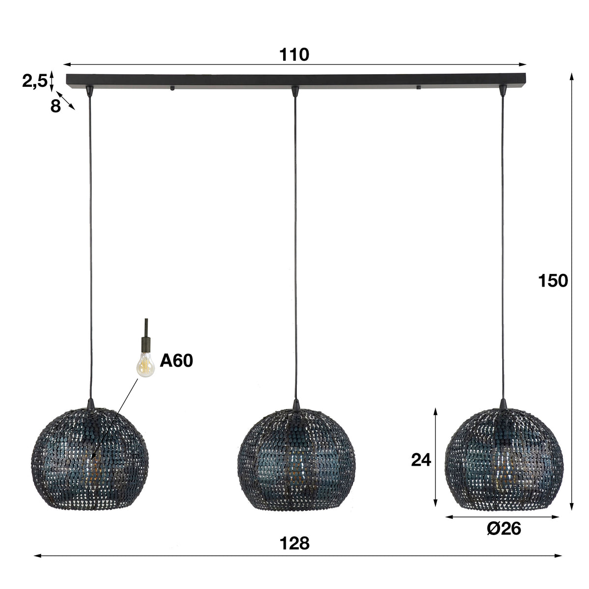 Hanglamp Armor Orb zwart bruin - 3-lichts, 128 cm breed