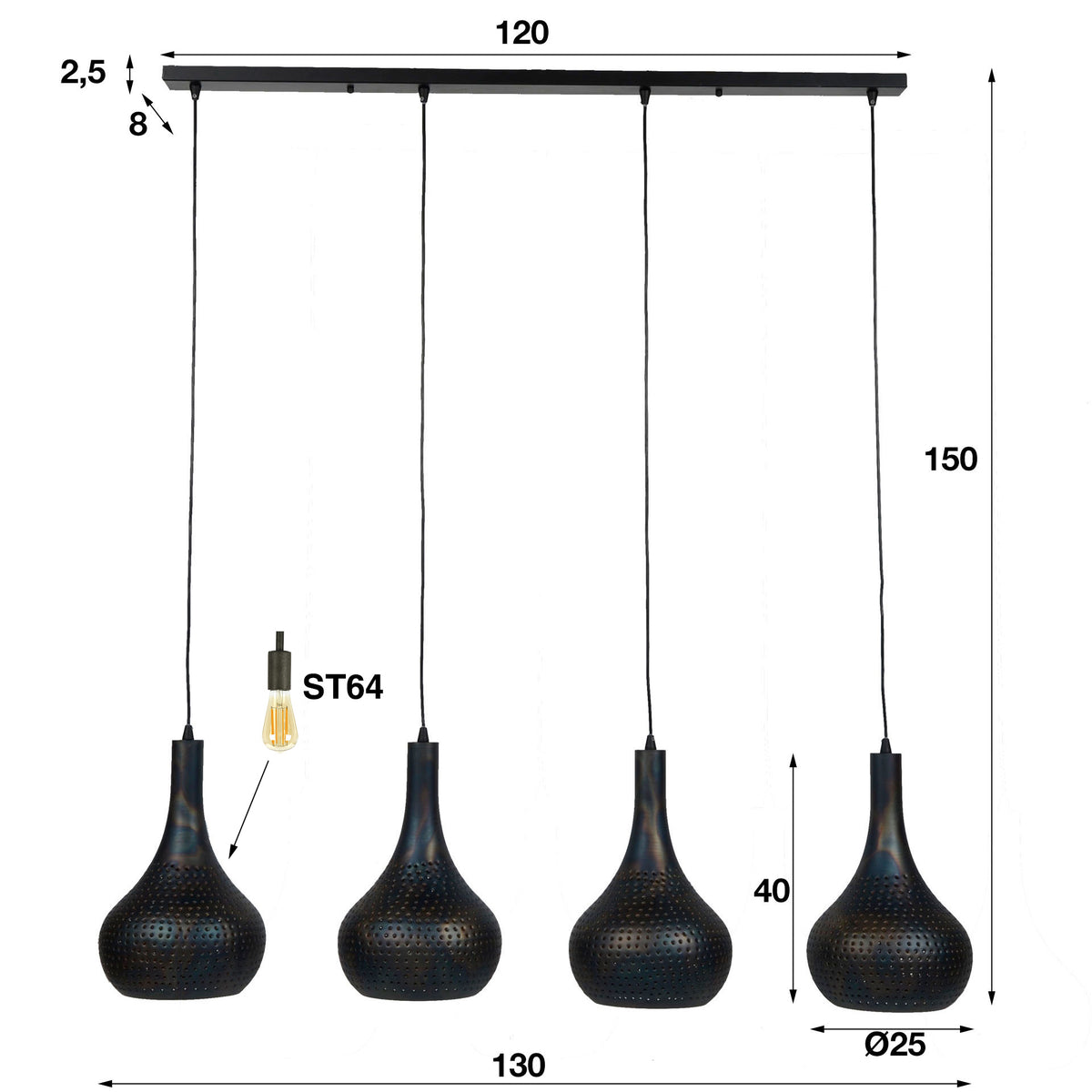 Hanglamp Punch Cone zwart bruin - 4-lichts, 130 cm breed