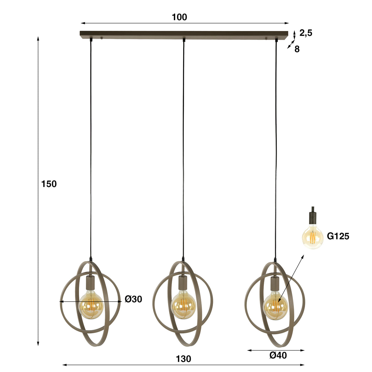 Suspension Turn Around beige - 3 lumières, largeur 130 cm