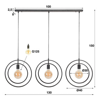 Suspension Turn Around anthracite - 3 lumières, largeur 130 cm