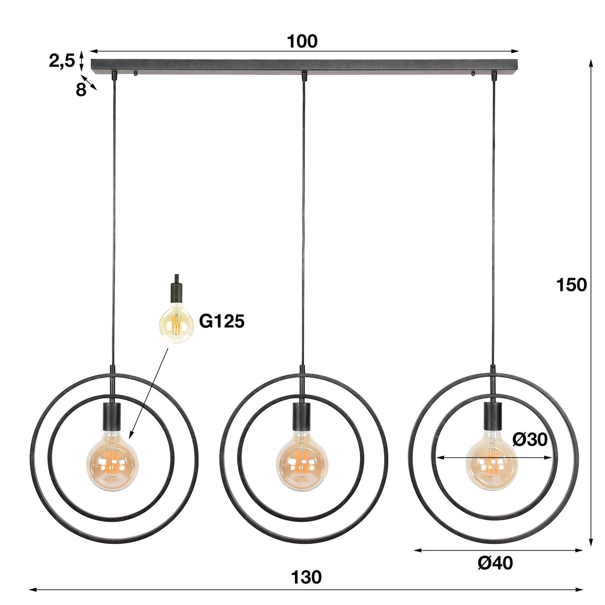 Suspension Turn Around anthracite - 3 lumières, largeur 130 cm