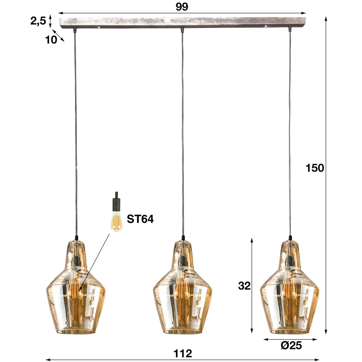 Hanglamp Glass Cone oud zilver - 3-lichts, 112 cm breed
