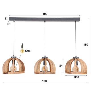 Pendant lamp Orba solid mango wood - 3-light, 120 cm wide