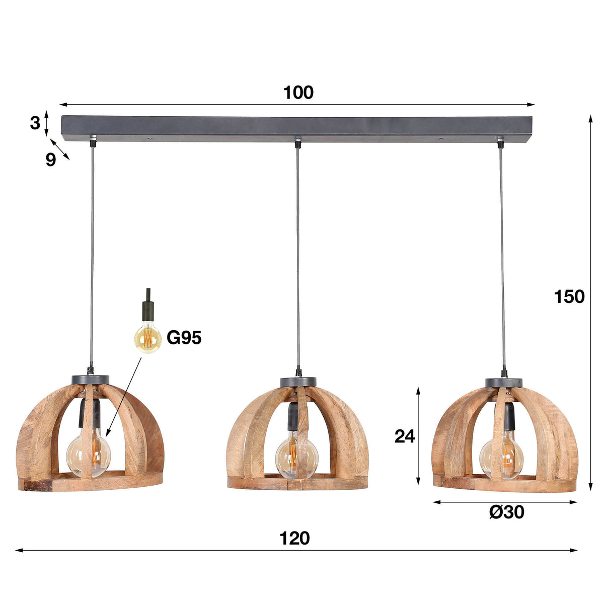 Pendant lamp Orba solid mango wood - 3-light, 120 cm wide
