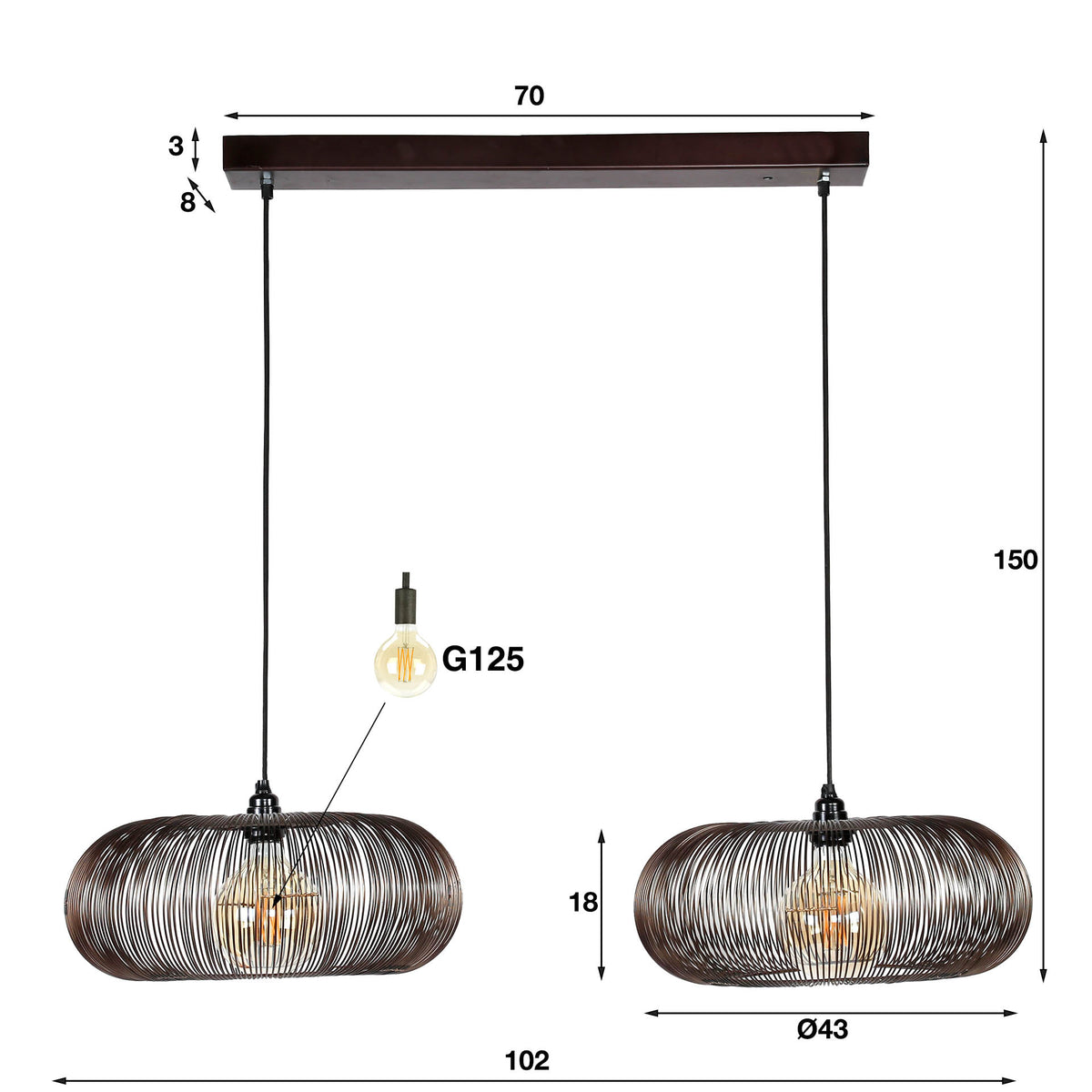 Pendant lamp Copper Twist black nickel - 2-light, 102 cm wide
