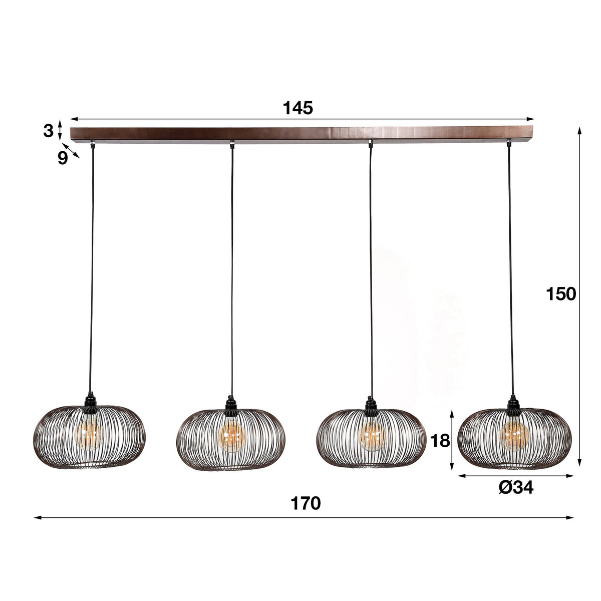 Suspension Copper Twist nickel noir - 4 lumières, largeur 170 cm