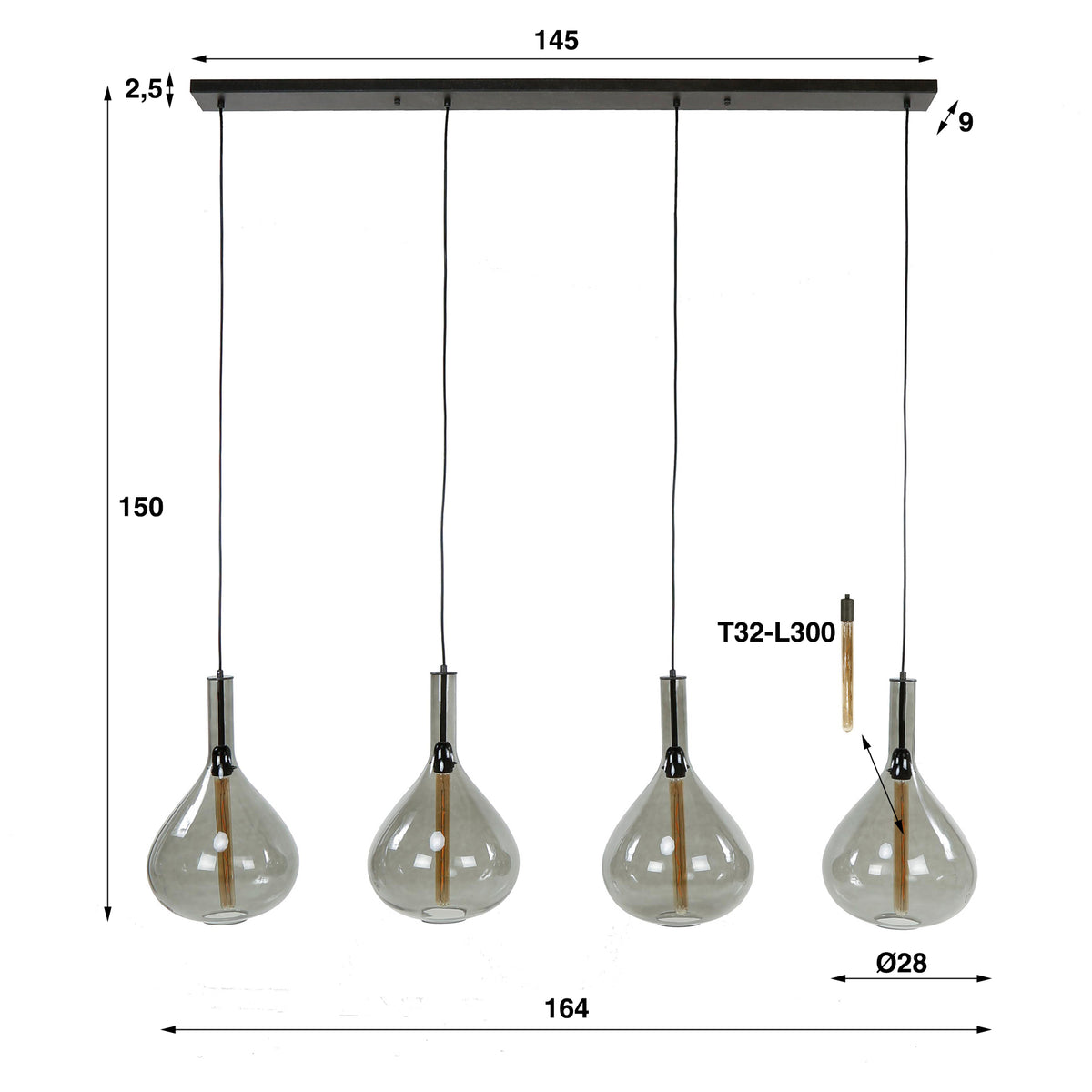 Pendant lamp Smoke Drop artic black - 4-light, 164 cm wide