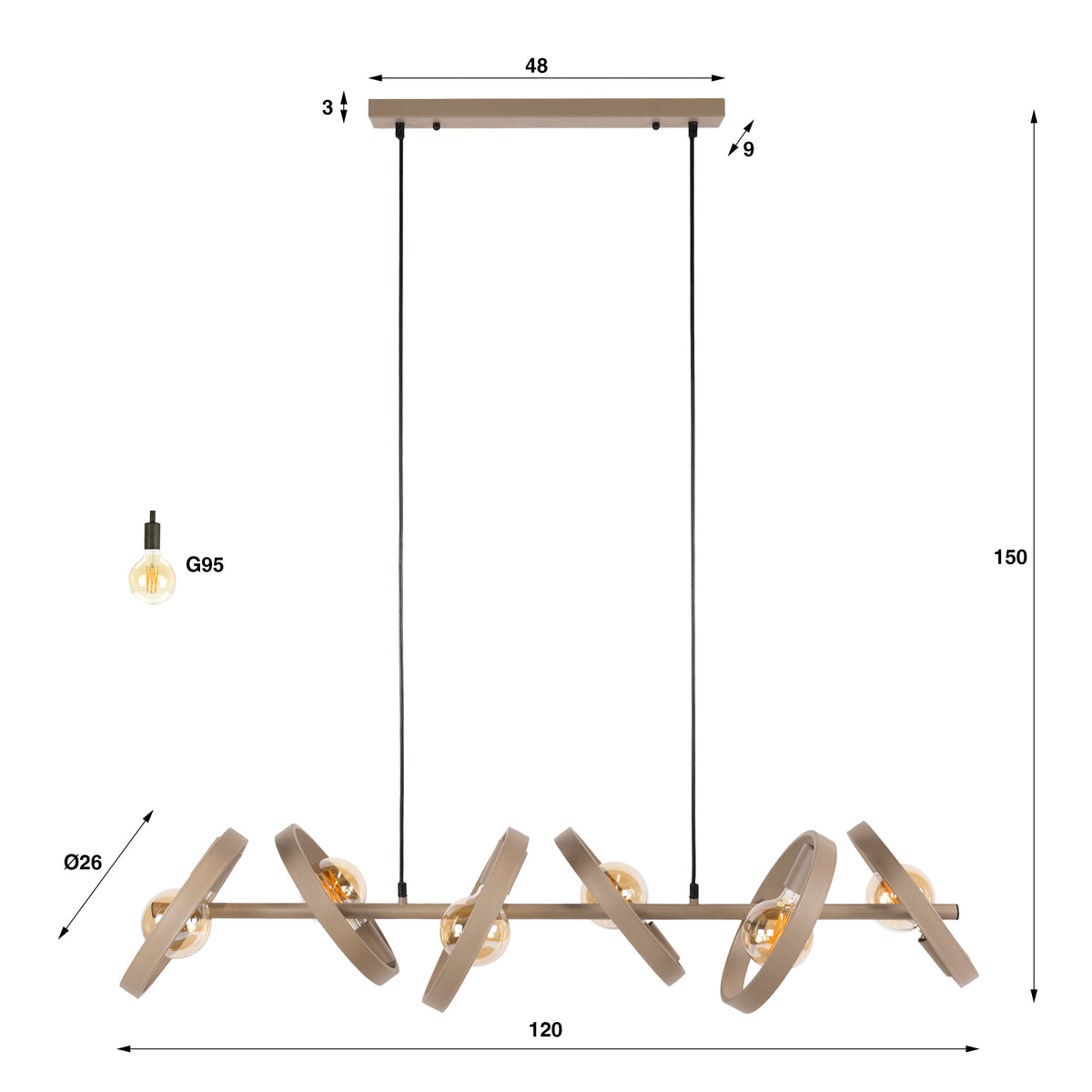 Suspension Hover beige - 6 lumières, largeur 120 cm
