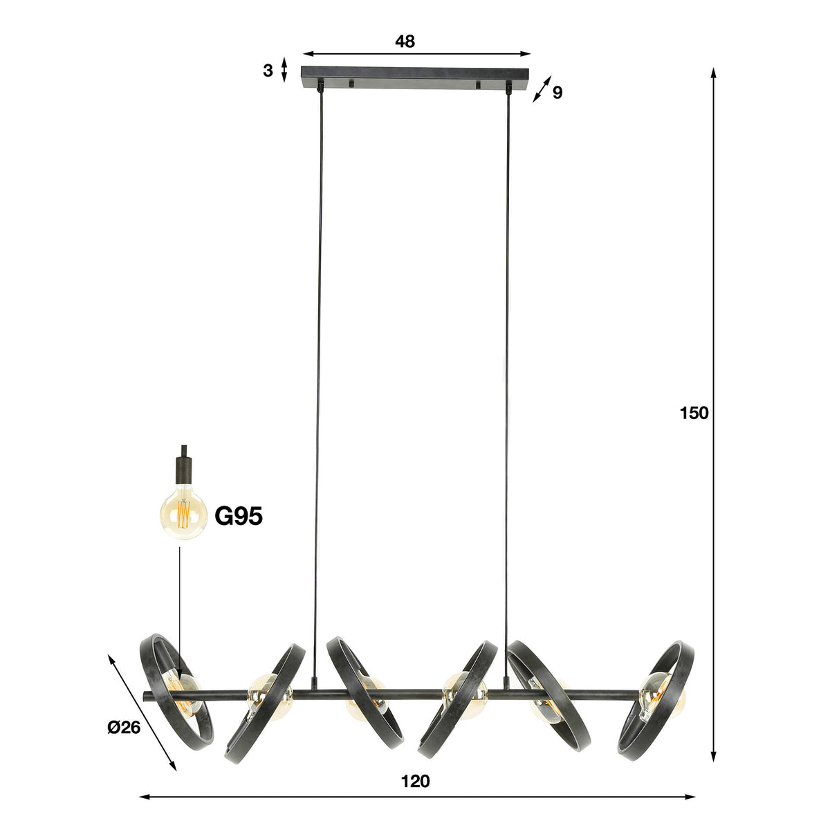 Pendant lamp Hover anthracite - 6-light, 120 cm wide