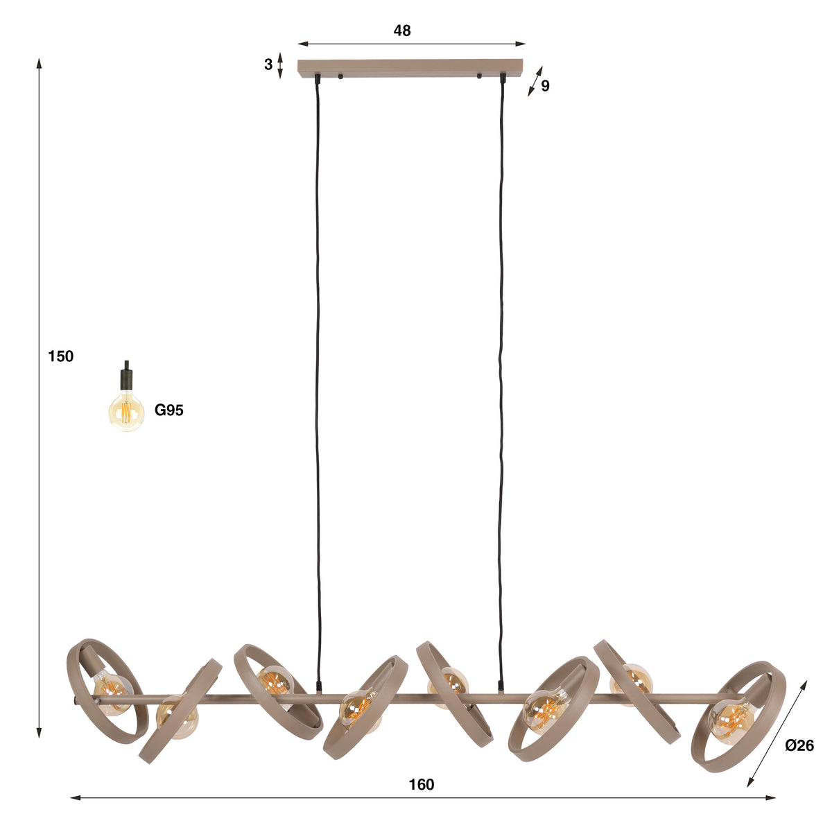 Suspension Hover beige - 8 lumières, largeur 160 cm