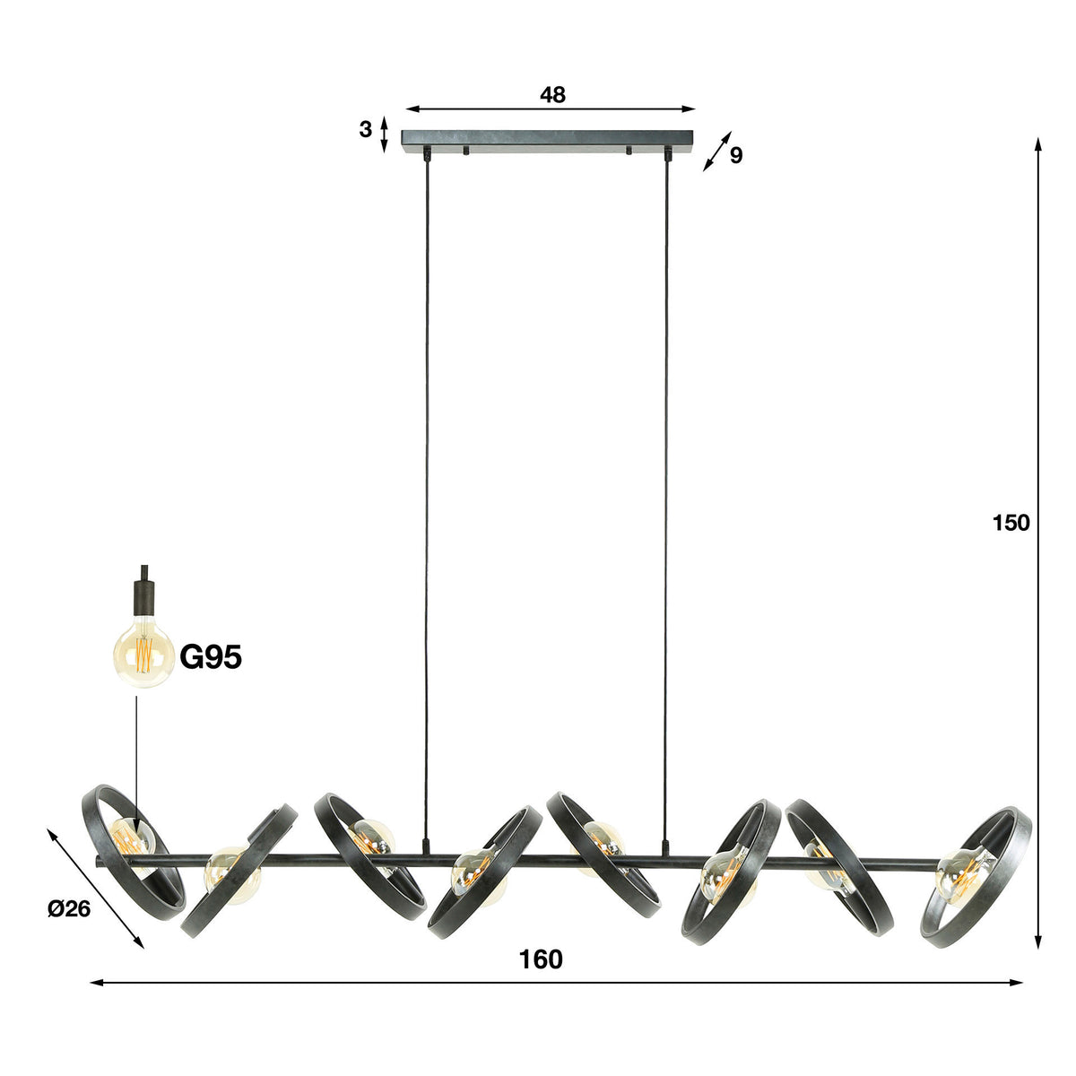 Pendant lamp Hover anthracite - 8-light, 160 cm wide