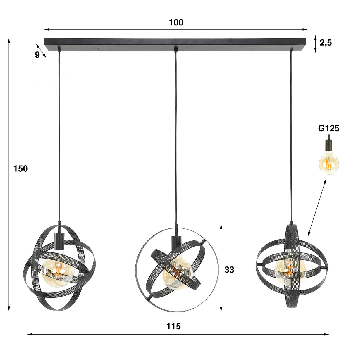 Pendant lamp Cosmos artic black - 3-light, 115 cm wide