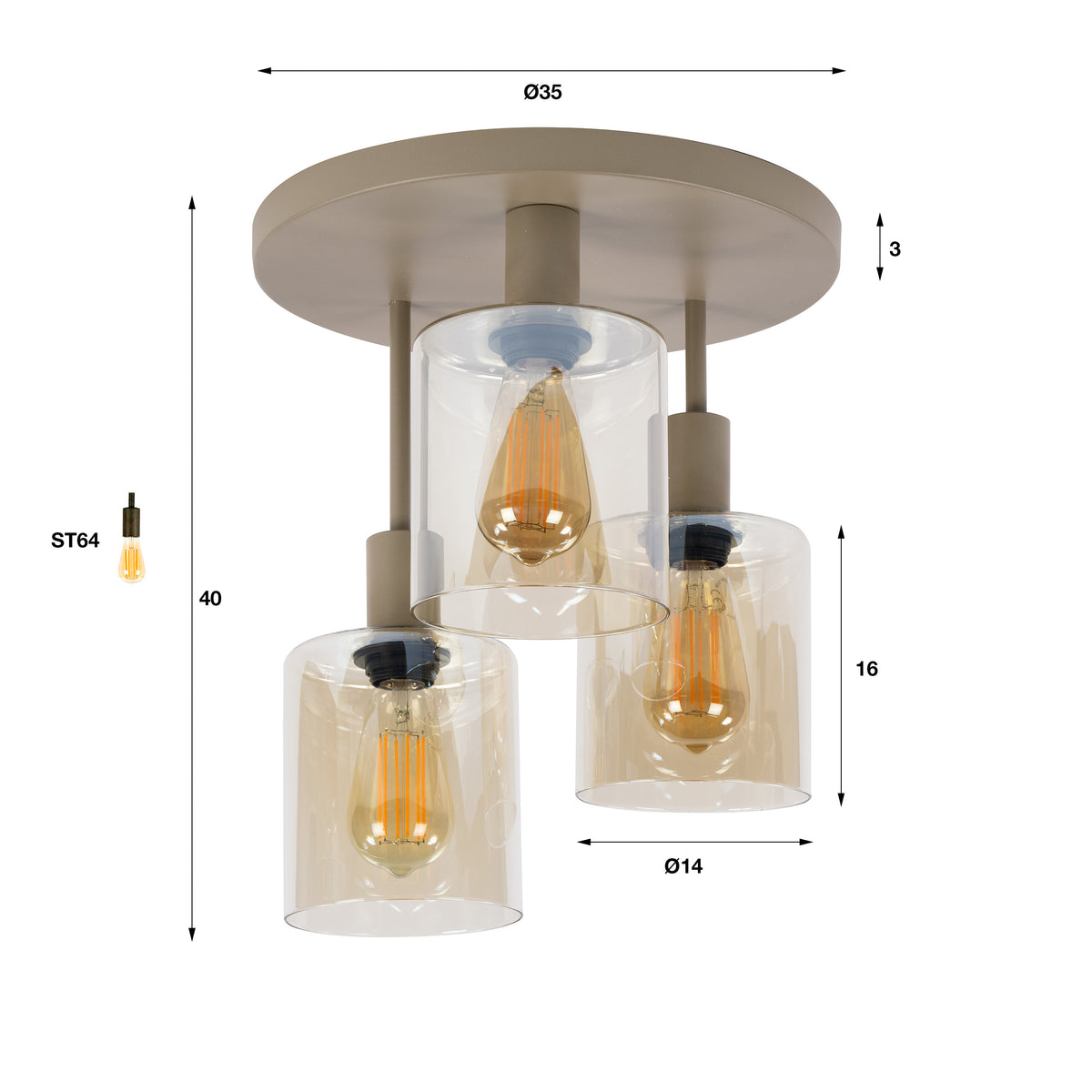 Ceiling lamp Sepiora beige - 3-light, diameter 35 cm